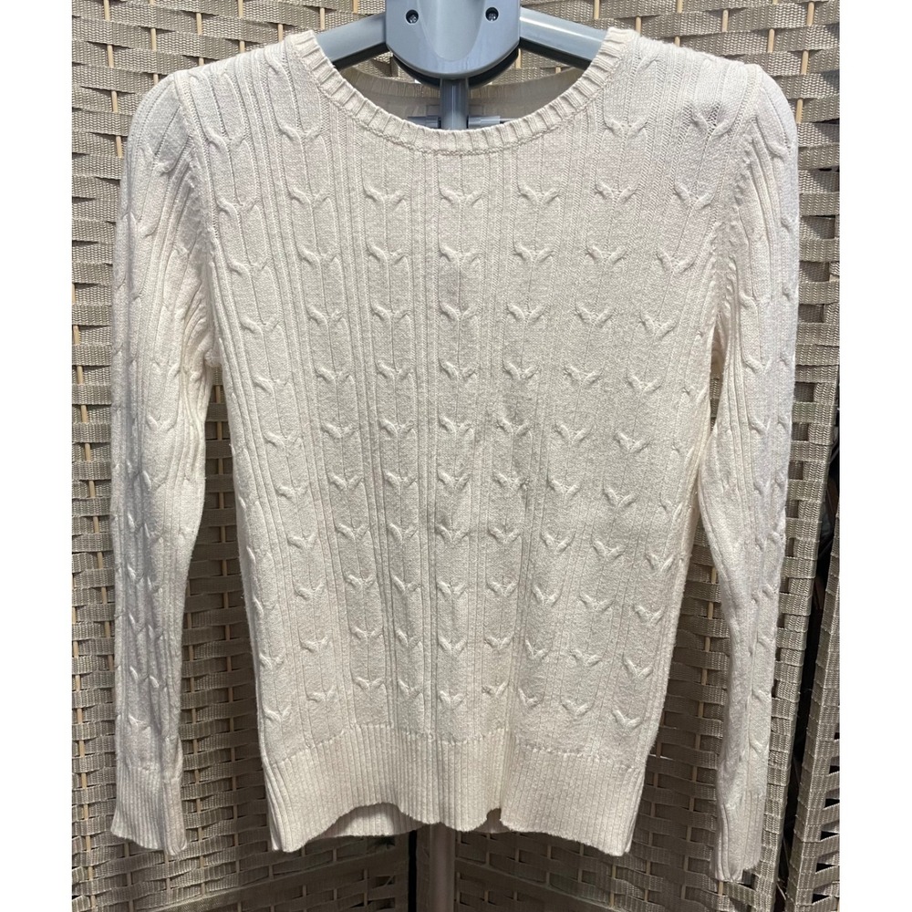 St Johns Bay Womens Cream Cable Knit Crewneck Sweater Size M Cotton Pullover